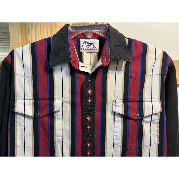 Roper Sport VTG Men’s L Red Striped Long Sleeve Pearl Snap Cotton Western Shirt - Picture 4 of 11